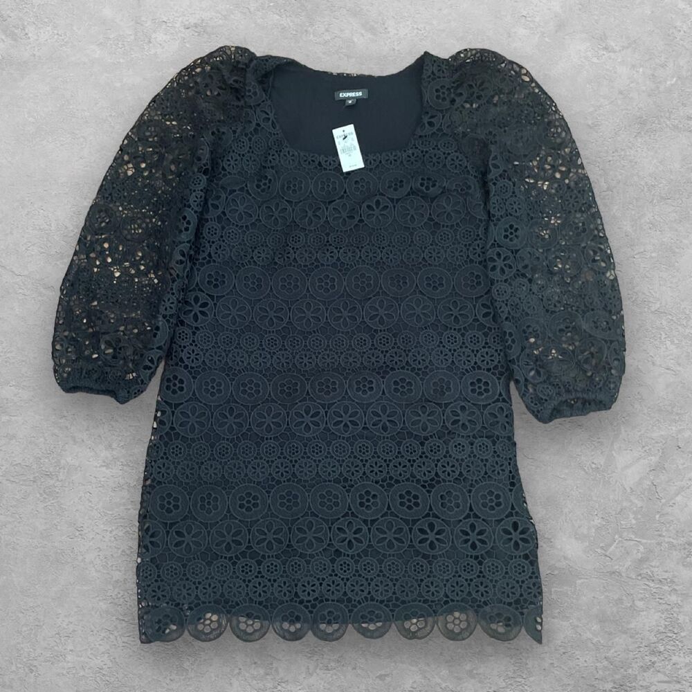 Express Crochet Lace Mini Dress Black XS Square Neck Balloon Sleeve Goth Coquett